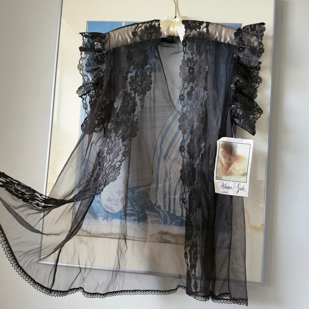 Vintage Black Sheer Lace Mesh Ruffle Open Front Lingerie Robe Layer Whimsigoth L